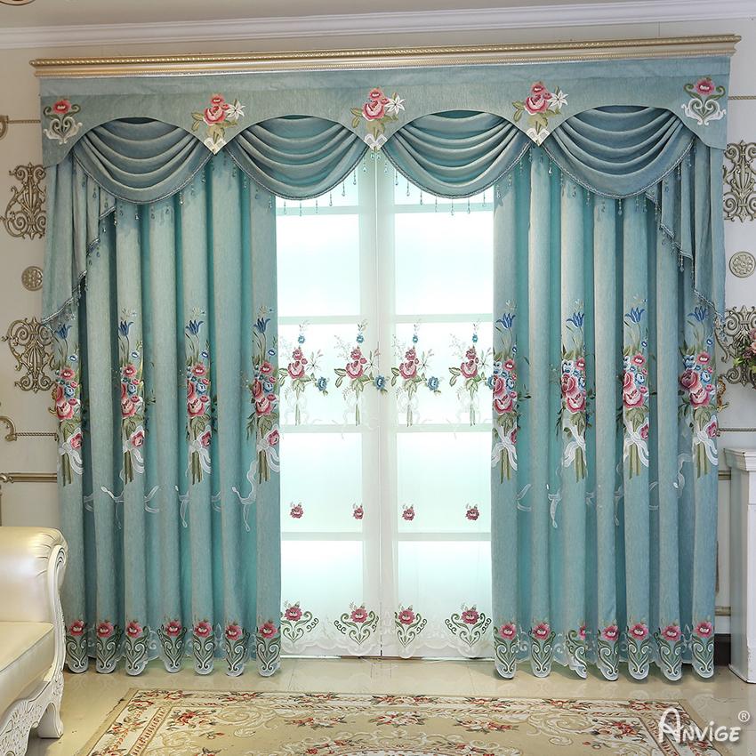 ANVIGE Pastoral Red and Blue Flowers High Quality Embroidered Curtains Luxury Valance,Blackout and Sheer Window Curtain With Grommet Top,52''Wx84''L,1 Panel