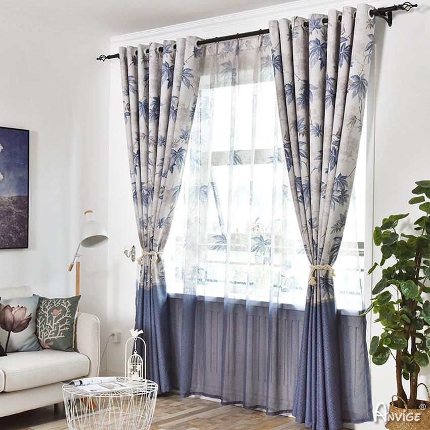 ANVIGE Pastoral Blue Leaves Printed,Grommet Window Curtain Blackout Curtains For Living Room,52''Wx63''L,1 Panel