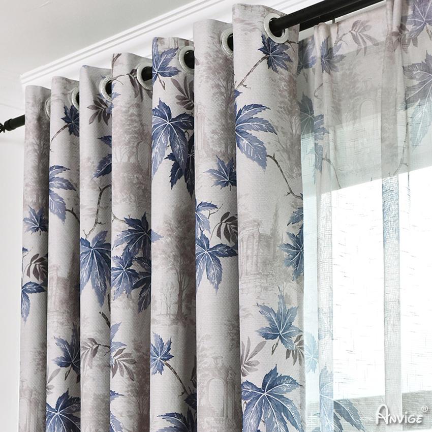 ANVIGE Pastoral Blue Leaves Printed,Grommet Window Curtain Blackout Curtains For Living Room,52''Wx63''L,1 Panel