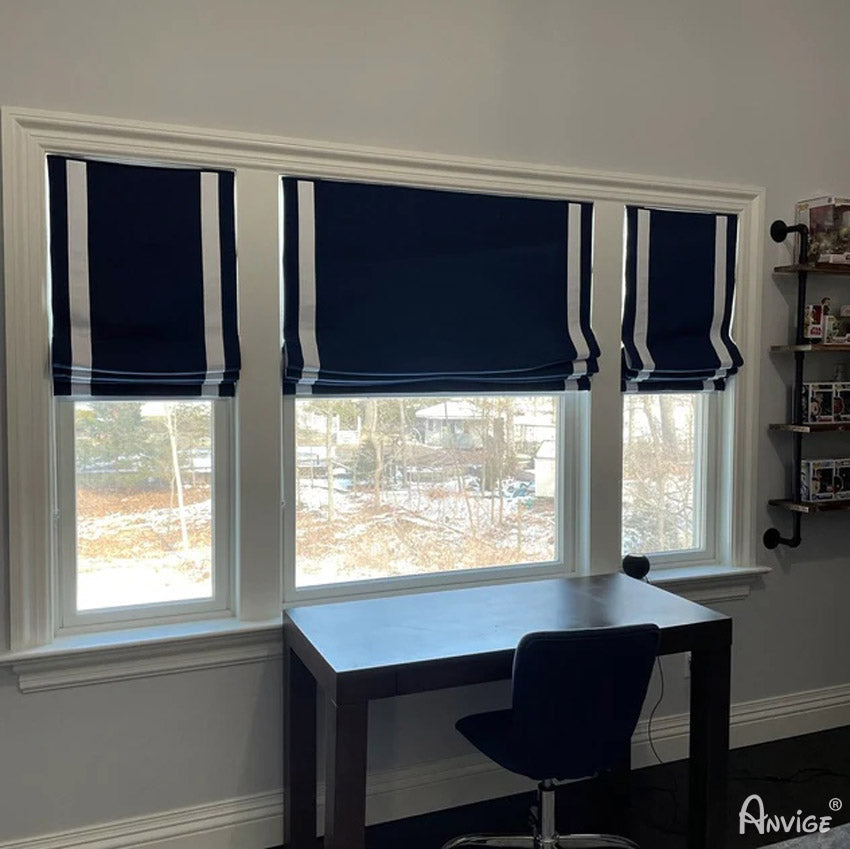 Anvige Home Textile Roman Shade Anvige Flat Roman Shades,Hardware For Installation Included,Window Treatment,Custom Roman Blinds,Navy Blue With White Trims