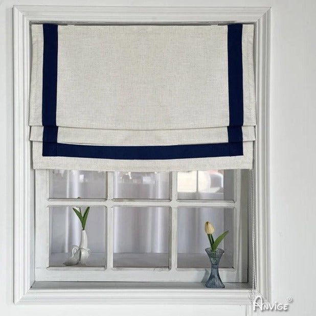 Anvige Home Textile Roman Shade Anvige Flat Roman Shades,Hardware For Installation Included,Window Treatment,Custom Roman Blinds ,White Linen Farbic With Navy Blue Border Trims