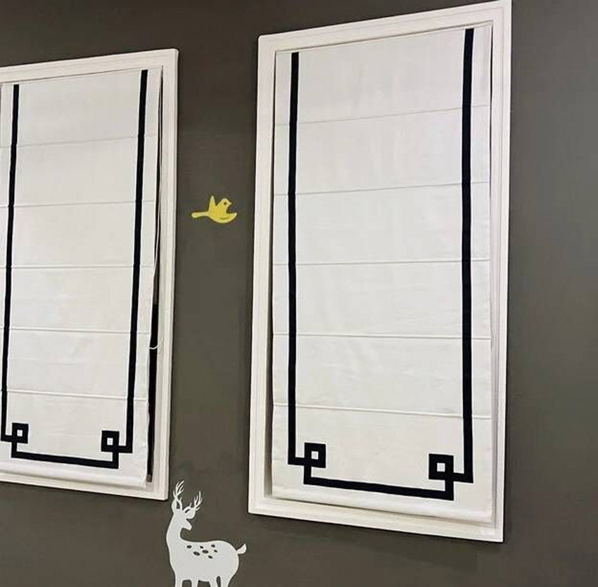 Anvige Home Textile Roman Shade Anvige Flat Roman Shades,Hardware For Installation Included,Window Treatment,Custom Roman Blinds ,White With Black Geometric Trims