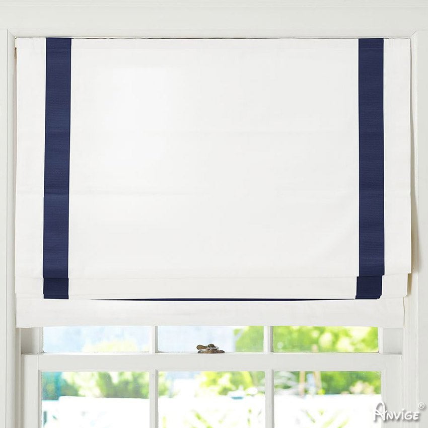 Anvige Home Textile Roman Shade Anvige Flat Roman Shades,Hardware For Installation Included,Window Treatment,Custom Roman Blinds,White With Navy Blue Trims