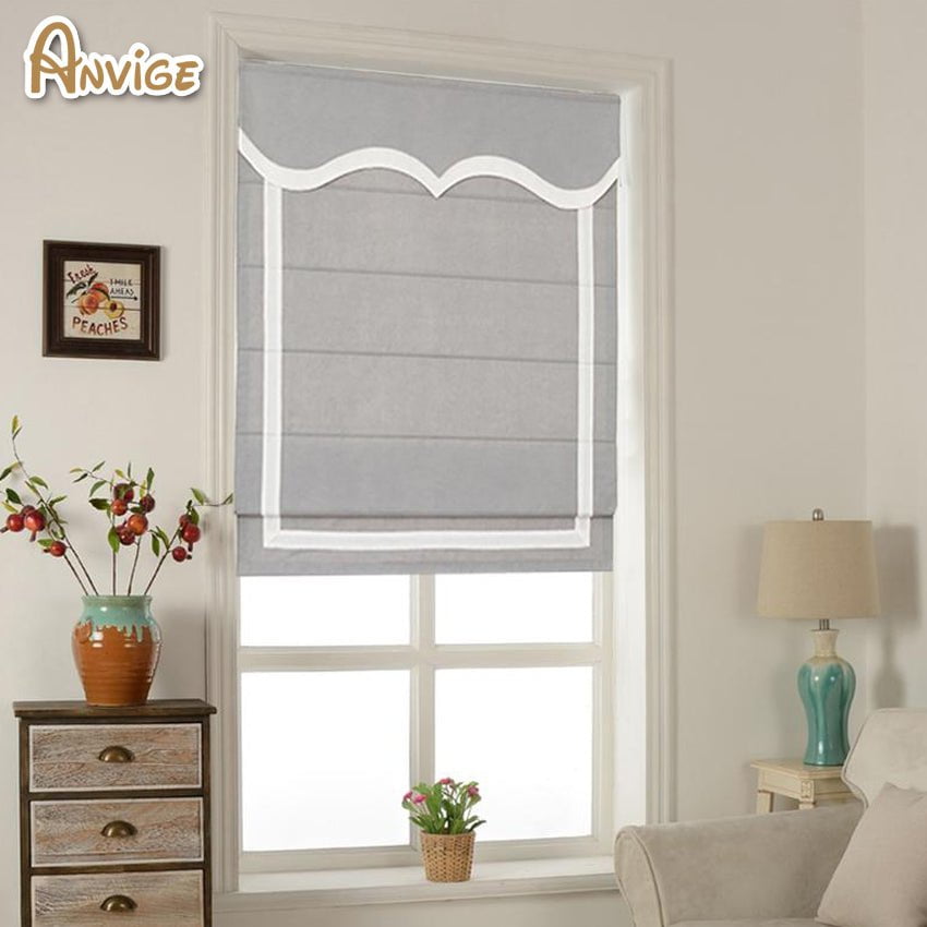 Anvige Home Textile Roman Shade Lined(blackout lining beige 90% lights block) Anvige Flat Roman Shades,Hardware For Installation Included,Window Treatment,Custom Roman Blinds With Grey Wave Valance,Grey With White Border Trims