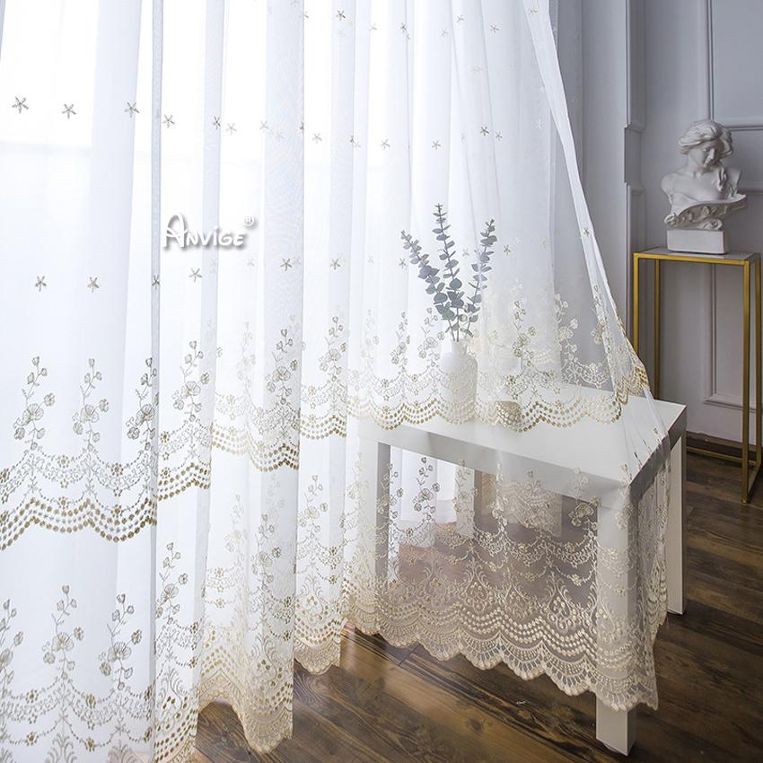 ANVIGE Pastoral White Flowers Embroidered,Grommet Window Curtain Sheer Curtains For Living Room,52''Wx63''L,1 Panel