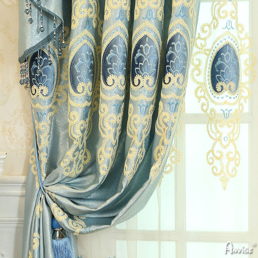 Anvige Home Textile Luxury Curtain ANVIGE Luxury Blue Embroidered Curtain With Valance,Custom Made Blackout Window Drapes For Living Room