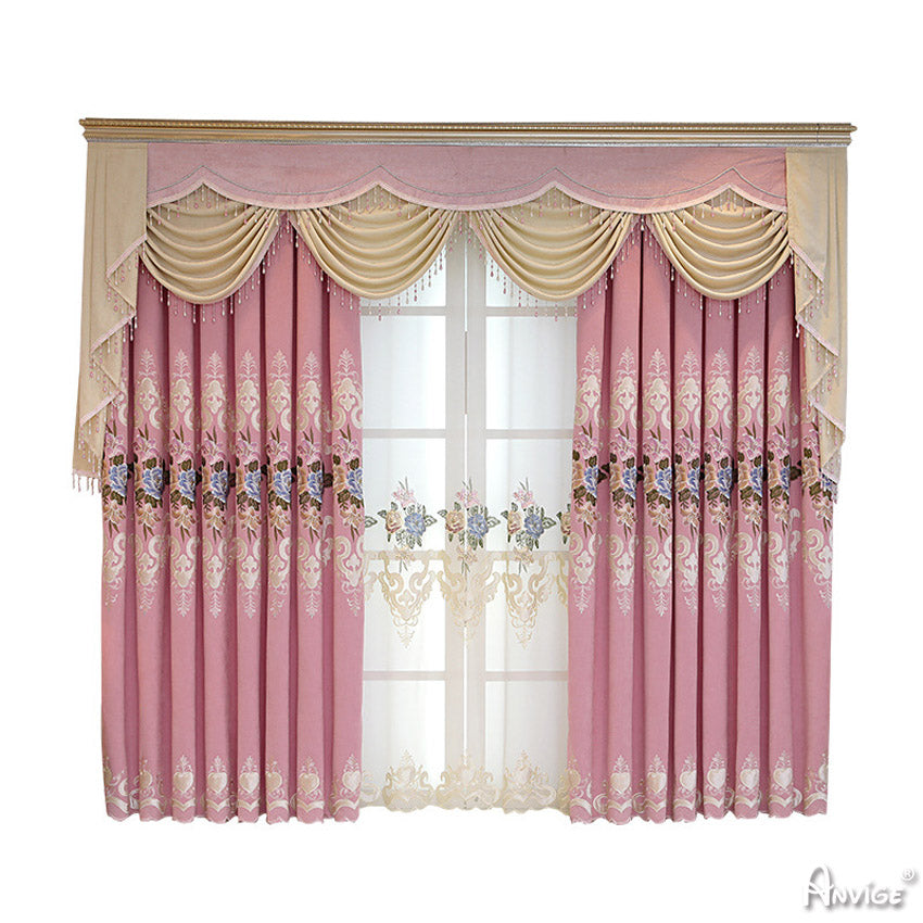 Anvige Home Textile Luxury Curtain ANVIGE Luxury Pink Flower Embroidered Curtain With Valance,Custom Made Blackout Window Drapes For Living Room