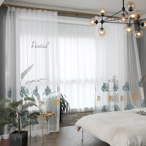 Sheer Curtain ANVIGE Pastoral Banana Leaves Embroidered,Grommet Window Curtain Sheer Curtains For Living Room,52''Wx63''L,1 Panel roman shades roman blinds curtains window treatment window shade window blind customized roman shades curtain drapes curtains for living room