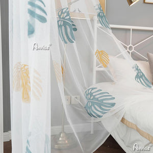 Sheer Curtain ANVIGE Pastoral Banana Leaves Embroidered,Grommet Window Curtain Sheer Curtains For Living Room,52''Wx63''L,1 Panel roman shades roman blinds curtains window treatment window shade window blind customized roman shades curtain drapes curtains for living room