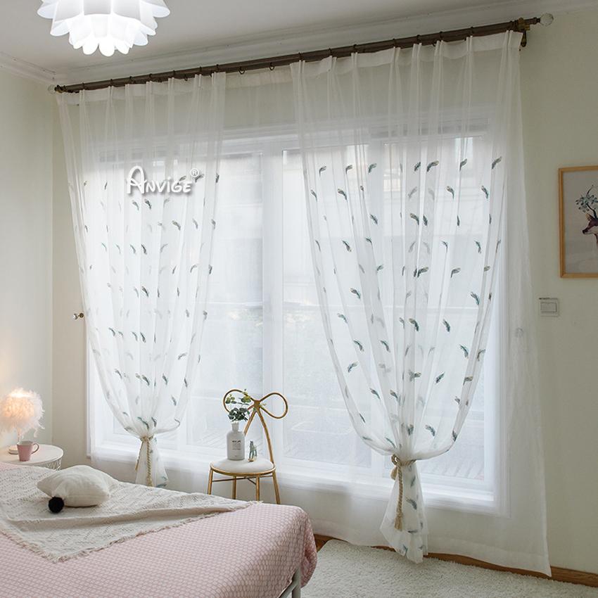 Sheer Curtain ANVIGE Pastoral Blue Feathers Embroidered,Grommet Window Curtain Sheer Curtains For Living Room,52''Wx63''L,1 Panel roman shades roman blinds curtains window treatment window shade window blind customized roman shades curtain drapes curtains for living room