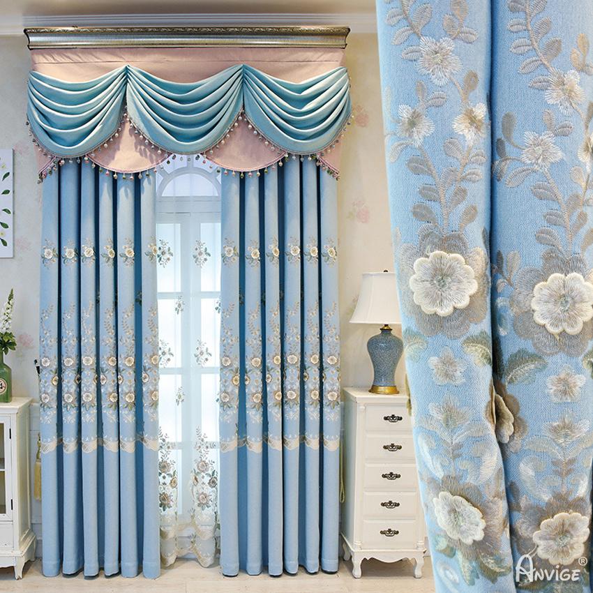 Luxury Curtain ANVIGE Pastoral Blue Flowers Embroidered Customized Curtains Luxury Valance,Blackout and Sheer Window Curtain With Grommet Top,52''Wx84''L,1 Panel roman shades roman blinds curtains window treatment window shade window blind customized roman shades curtain drapes curtains for living room