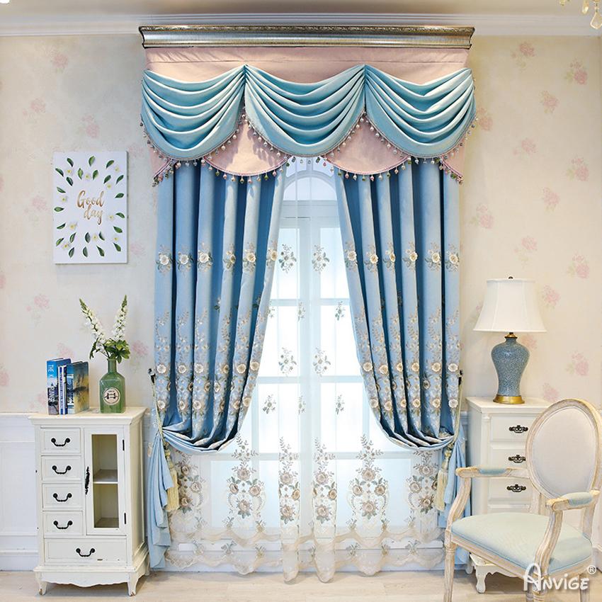 Luxury Curtain ANVIGE Pastoral Blue Flowers Embroidered Customized Curtains Luxury Valance,Blackout and Sheer Window Curtain With Grommet Top,52''Wx84''L,1 Panel roman shades roman blinds curtains window treatment window shade window blind customized roman shades curtain drapes curtains for living room