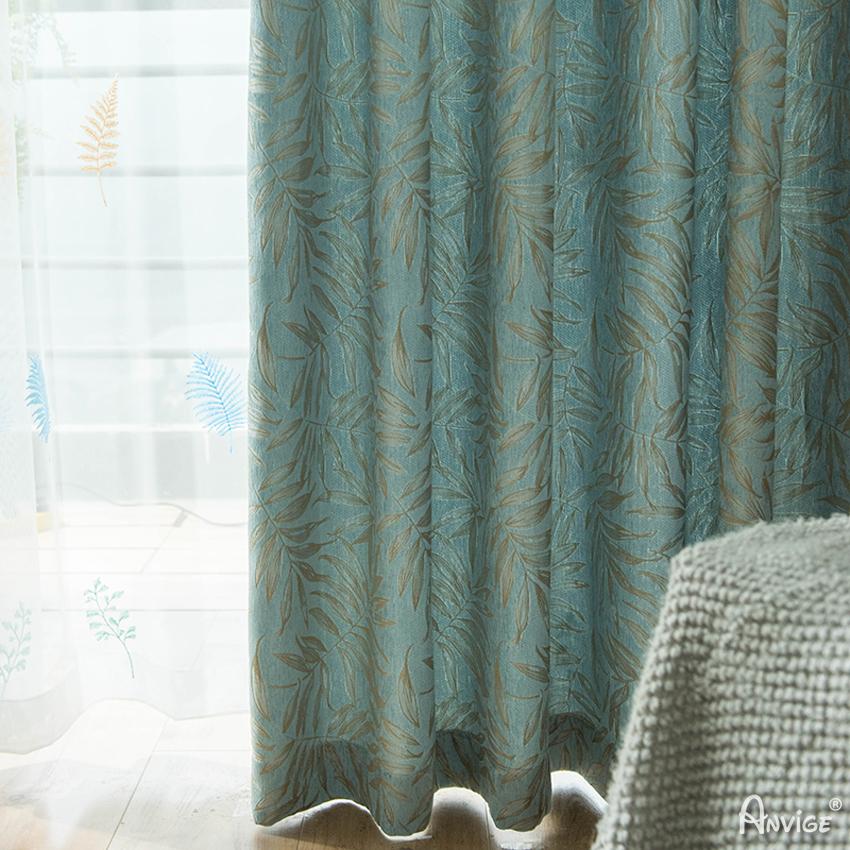 Pastoral Curtain ANVIGE Pastoral Blue Leaves Jacquard ,Grommet Window Curtain Blackout Curtains For Living Room,52''Wx63''L,1 Panel roman shades roman blinds curtains window treatment window shade window blind customized roman shades curtain drapes curtains for living room