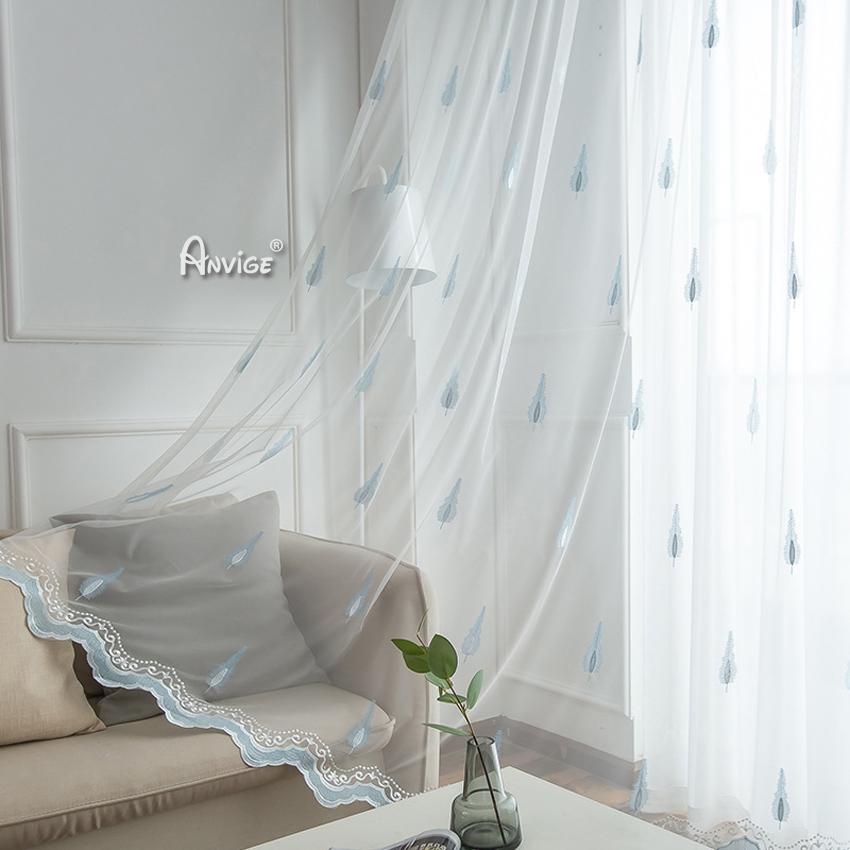 Sheer Curtain ANVIGE Pastoral Blue Trees Embroidered,Grommet Window Curtain Sheer Curtains For Living Room,52''Wx63''L,1 Panel roman shades roman blinds curtains window treatment window shade window blind customized roman shades curtain drapes curtains for living room