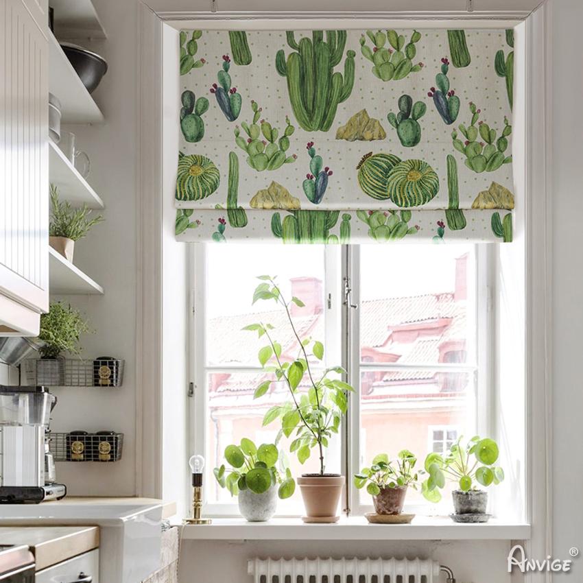 Roman Shade ANVIGE Pastoral Cactus Printed Customized Roman Shades ,Easy Install Washable Curtains ,Customized Window Curtain Drape, 24"W X 64"H roman shades roman blinds curtains window treatment window shade window blind customized roman shades curtain drapes curtains for living room