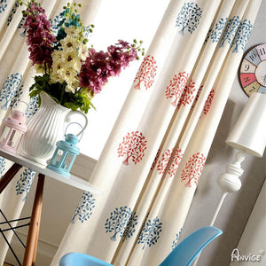 Pastoral Curtain ANVIGE Pastoral Cotton Linen Blue and Red Trees Embroidered,Grommet Window Curtain Blackout Curtains For Living Room,52''Wx63''L,1 Panel roman shades roman blinds curtains window treatment window shade window blind customized roman shades curtain drapes curtains for living room