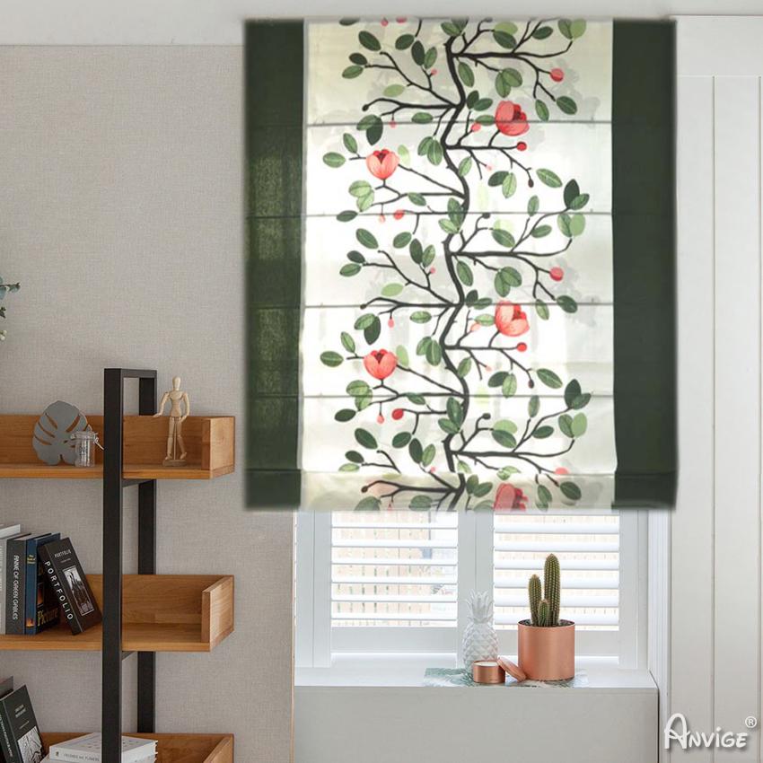 Roman Shade ANVIGE Pastoral Flower Printed Green Banded Customized Roman Shades ,Easy Install Washable Curtains ,Customized Window Curtain Drape, 24"W X 64"H roman shades roman blinds curtains window treatment window shade window blind customized roman shades curtain drapes curtains for living room