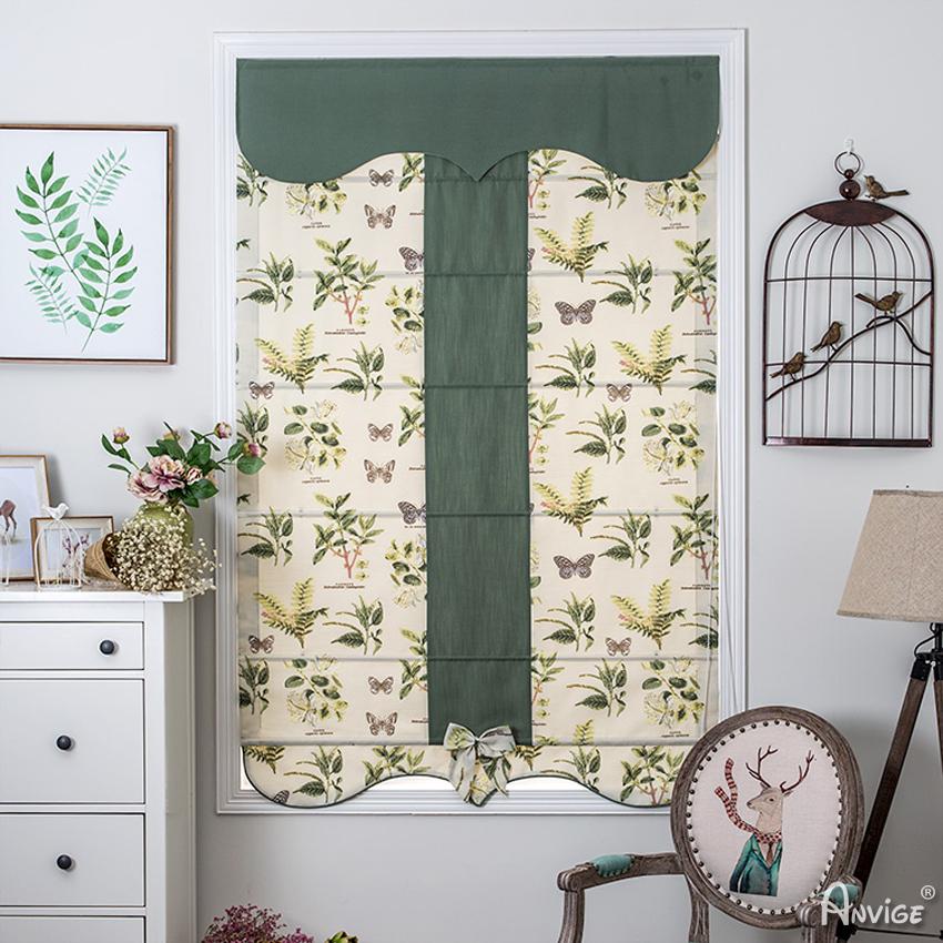 Roman Shade ANVIGE Pastoral Green Banded Flowers Printed Customized Roman Shades ,Easy Install Washable Curtains ,Customized Window Curtain Drape, 24"W X 64"H roman shades roman blinds curtains window treatment window shade window blind customized roman shades curtain drapes curtains for living room