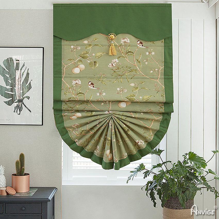 Roman Shade ANVIGE Pastoral Green Birds and Flowers Printed Customized Roman Shades ,Easy Install Washable Curtains ,Customized Window Curtain Drape, 24"W X 64"H roman shades roman blinds curtains window treatment window shade window blind customized roman shades curtain drapes curtains for living room