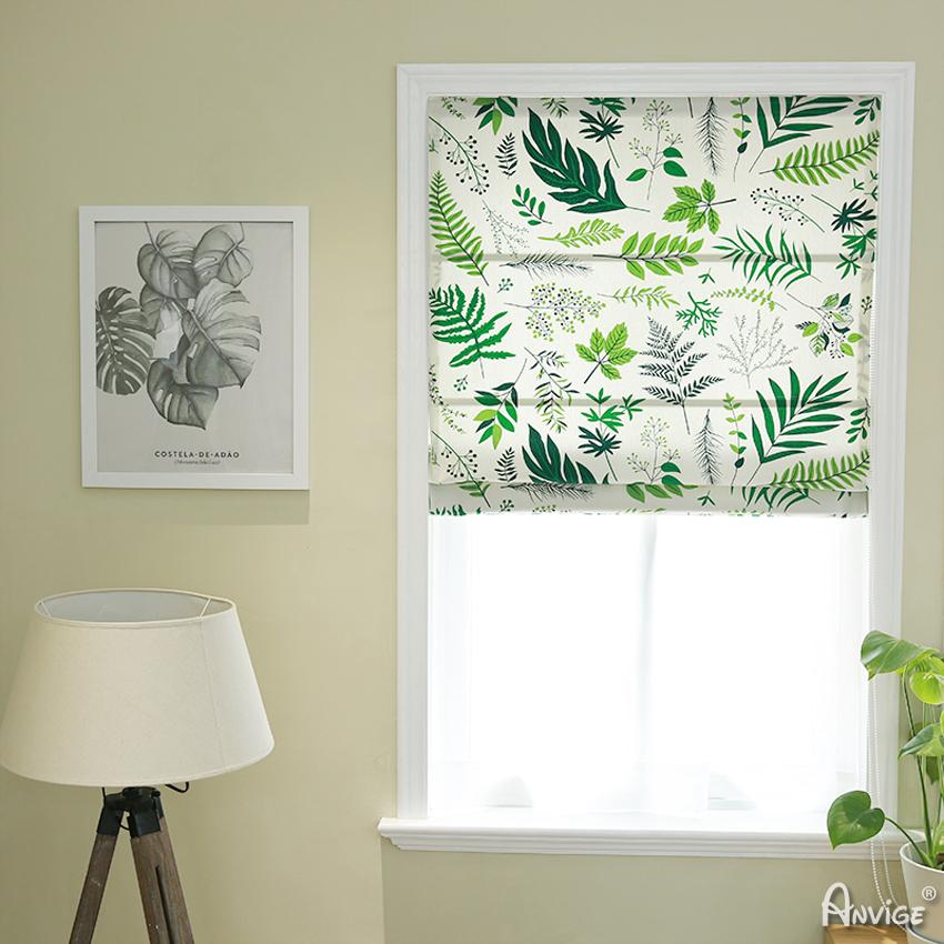 Roman Shade ANVIGE Pastoral Green Plants Printed Customized Fan Roman Shades ,Easy Install Washable Curtains ,Customized Window Curtain Drape, 24"W X 64"H roman shades roman blinds curtains window treatment window shade window blind customized roman shades curtain drapes curtains for living room