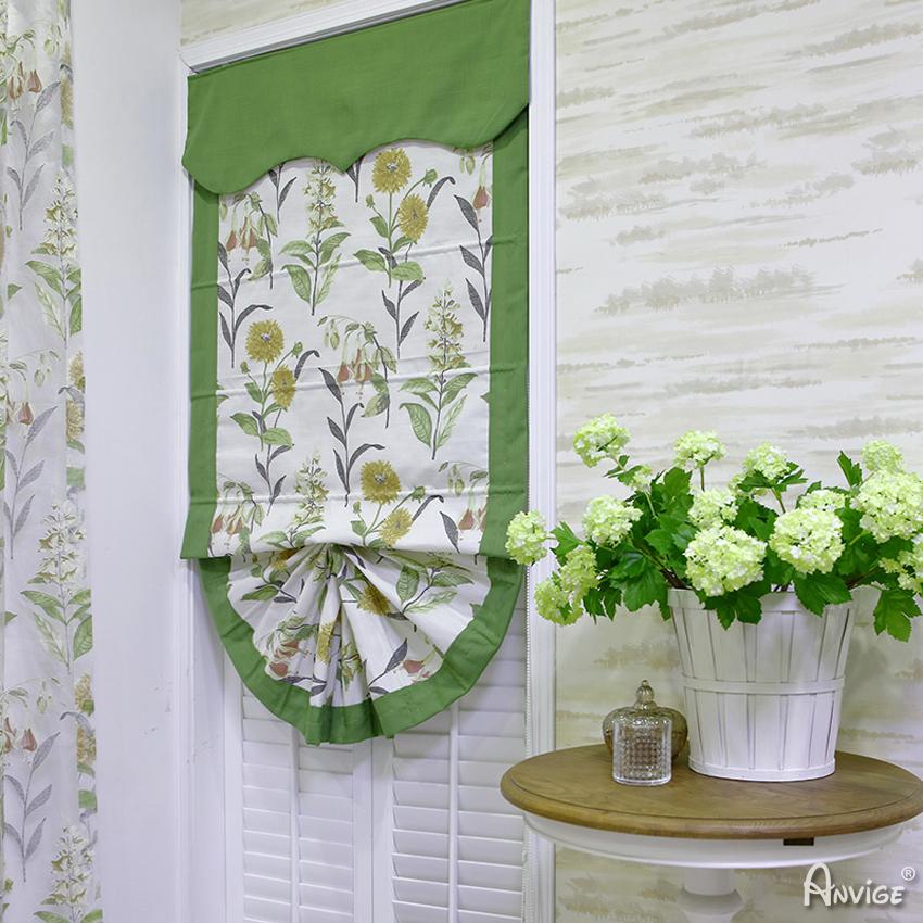 Roman Shade ANVIGE Pastoral Green Valance Natural Flowers Printed Customized Fan Roman Shades ,Easy Install Washable Curtains ,Customized Window Curtain Drape roman shades roman blinds curtains window treatment window shade window blind customized roman shades curtain drapes curtains for living room