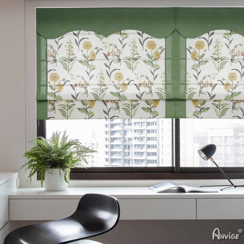 Roman Shade ANVIGE Pastoral Green Valance Natural Flowers Printed Customized Roman Shades ,Easy Install Washable Curtains ,Customized Window Curtain Drape, 24"W X 64"H roman shades roman blinds curtains window treatment window shade window blind customized roman shades curtain drapes curtains for living room