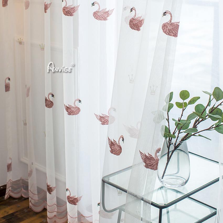 Sheer Curtain ANVIGE Pastoral Pink Swan Embroidered,Grommet Window Curtain Sheer Curtains For Living Room,52''Wx63''L,1 Panel roman shades roman blinds curtains window treatment window shade window blind customized roman shades curtain drapes curtains for living room