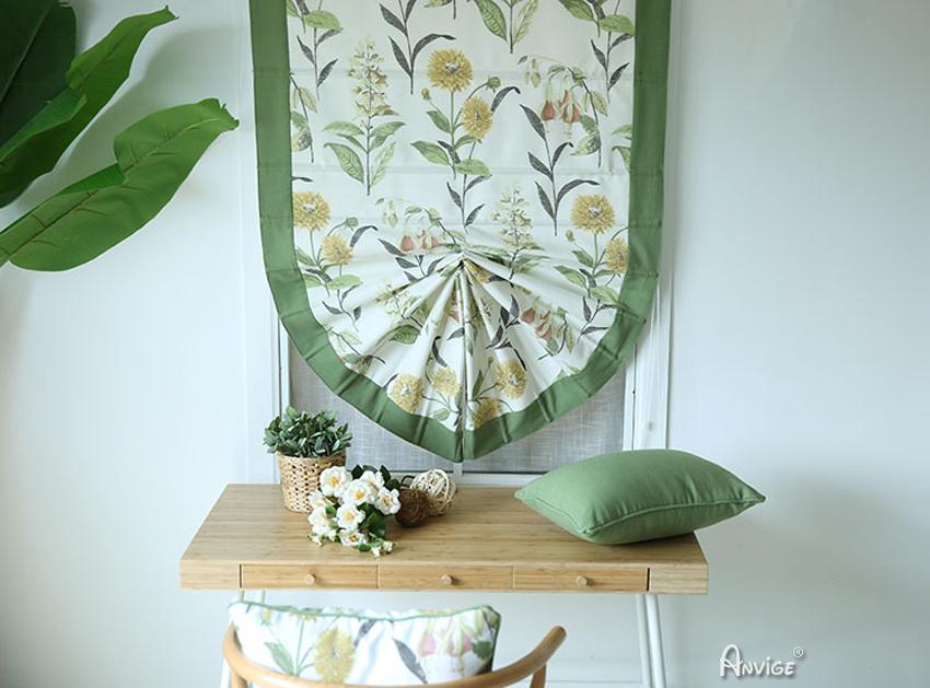 Roman Shade ANVIGE Pastoral Yellow Flowers Printed Green Banded Customized Fan Roman Shades ,Easy Install Washable Curtains ,Customized Window Curtain Drape, 24"W X 64"H roman shades roman blinds curtains window treatment window shade window blind customized roman shades curtain drapes curtains for living room